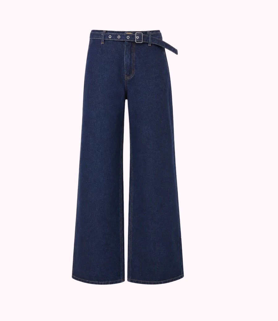 Navy Belted Wide-Leg Jeans