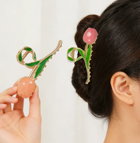 Pink Blossom Hair Claw · Worn View