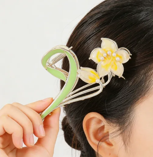 White Flower Hair Claw · Worn View