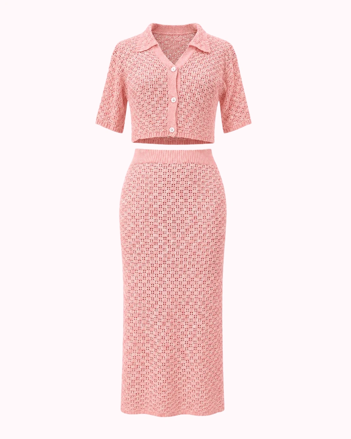 Pink Collared Knit Skirt Set